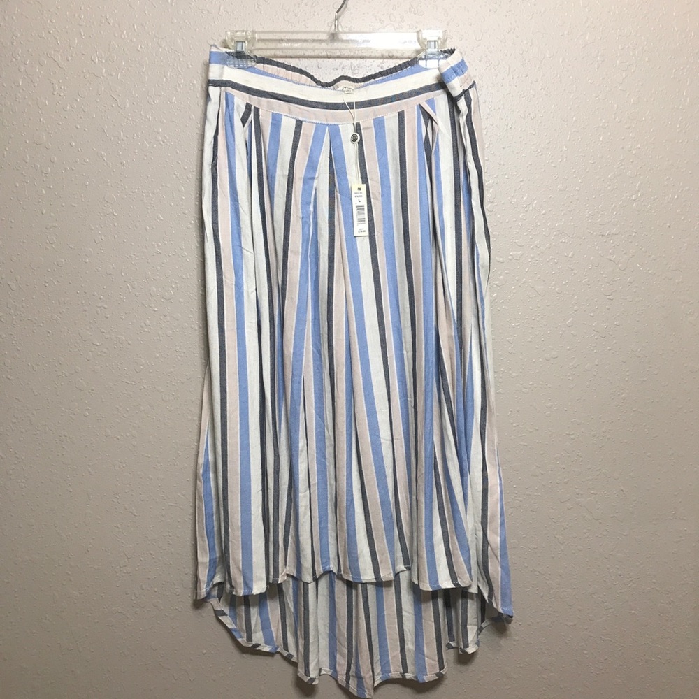 Max Studio L Skirt Pleated High-Low Vintage Syle Rayon/Linen Stripe Blue